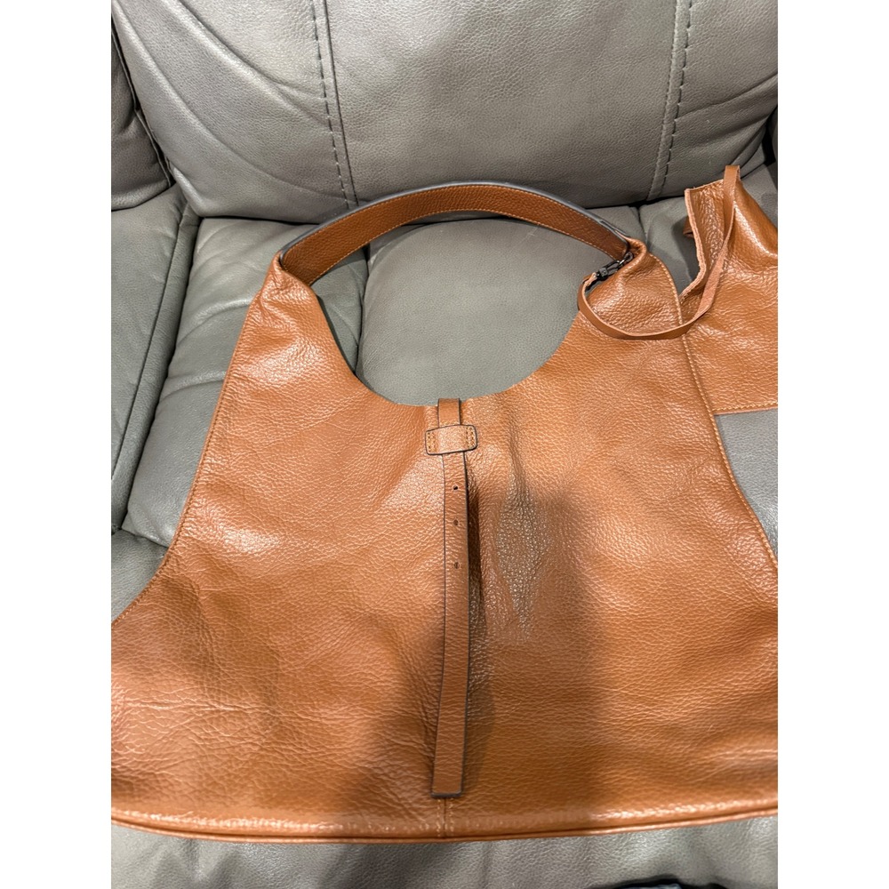 Cognac Pebbled Leather Hobo Shoulder Bag Minimalist Slouchy Tote Brown